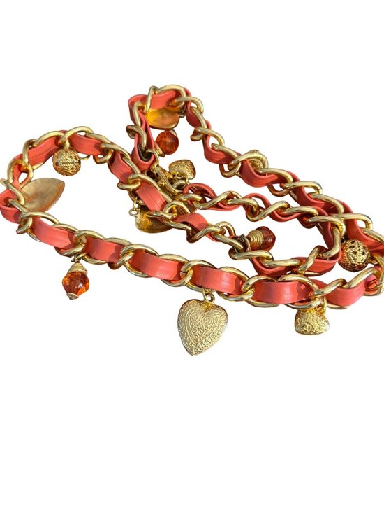 Vintage The Limited Gold Chain Link Belt Coral Leather Charms Hearts 37\